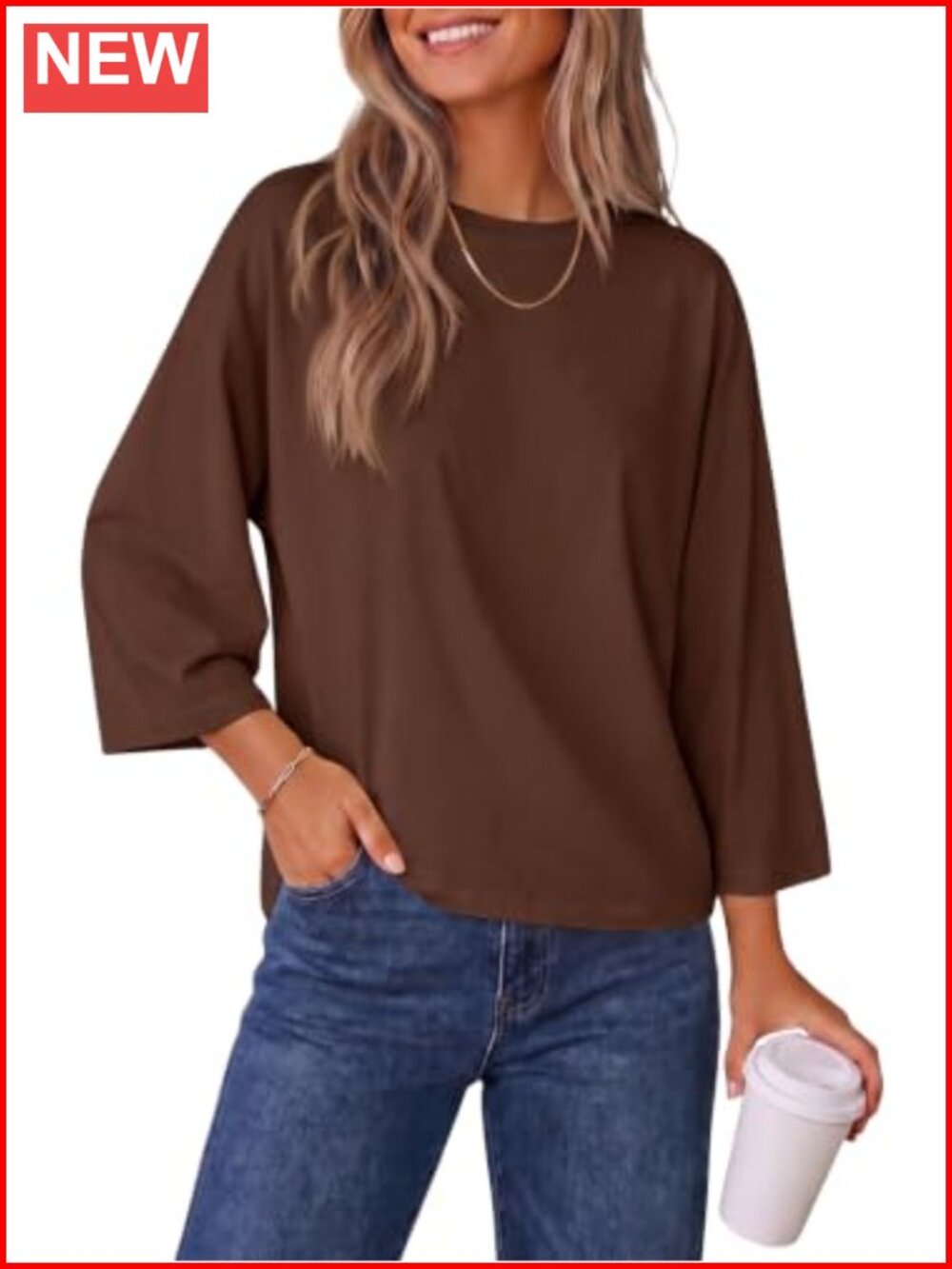 3/4 Sleeve Crew Neck Batwing Tunic Top Relaxed Fit